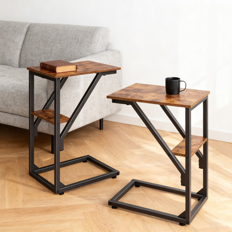 Ensemble de 2 tables d'appoint en forme de C, canapé-lit mince et plateau télé pour le salon et la chambre à coucher avec pieds réglables et structure en acier robuste