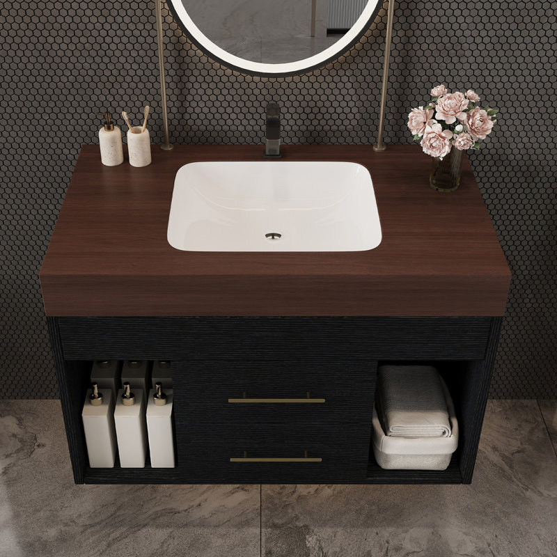 Ensemble de meuble-lavabo flottant moderne 29,9 po avec comptoir en pierre frittée et comptoir en céramique, Black, Walnut
