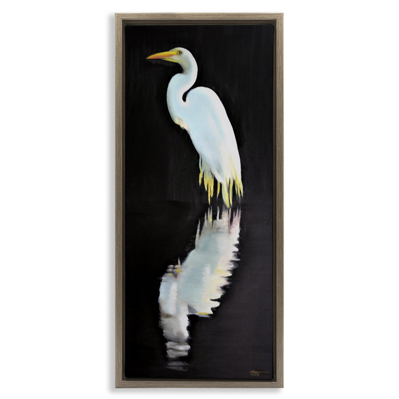 Art mural sur toile, "Dark Egret Reflection" par D. Rust, H 25 po x l 11 po x P 1,7 po, Cadre flottant orme Montalcino