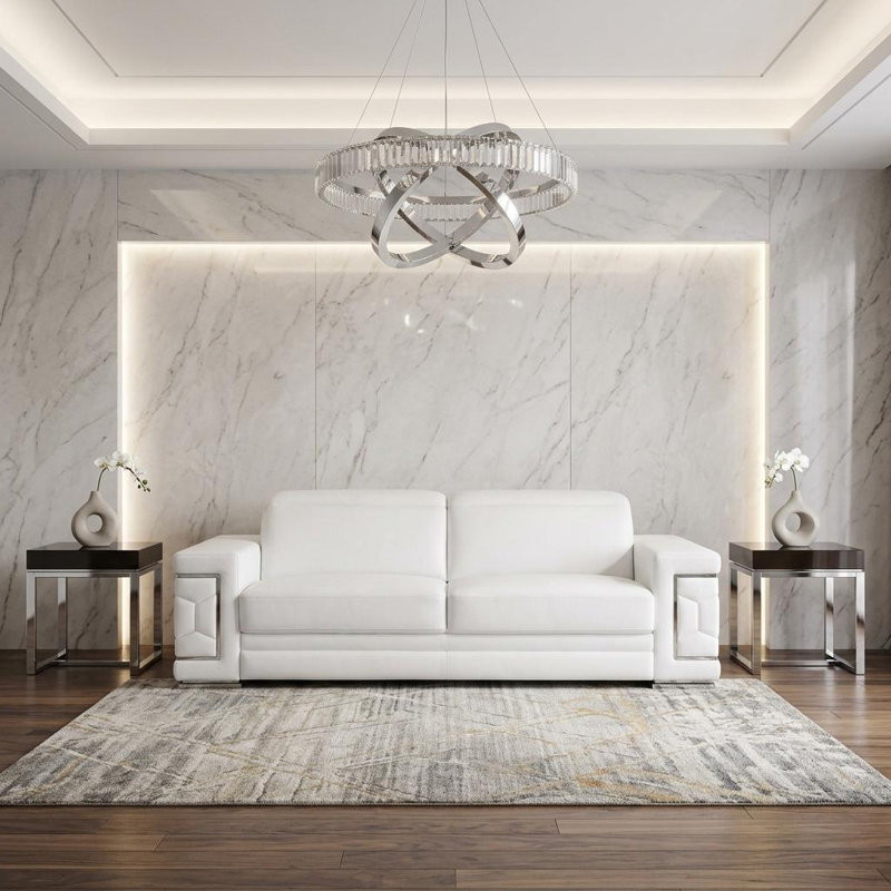 89" White Leather Sofa With Silver Legs