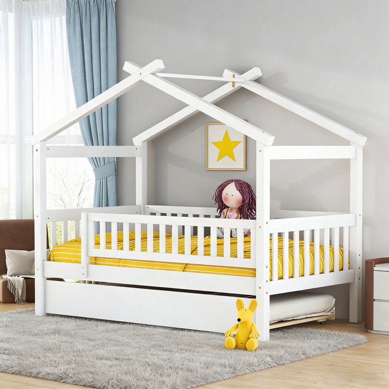 Twin Size Wooden House Bed With Trundle, Twin, White