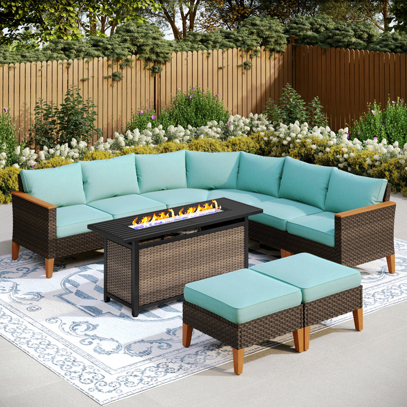 Argyri Wicker Outdoor Patio Conversation Furniture Sectional Set with Fire Pit Table, Blue, Yes