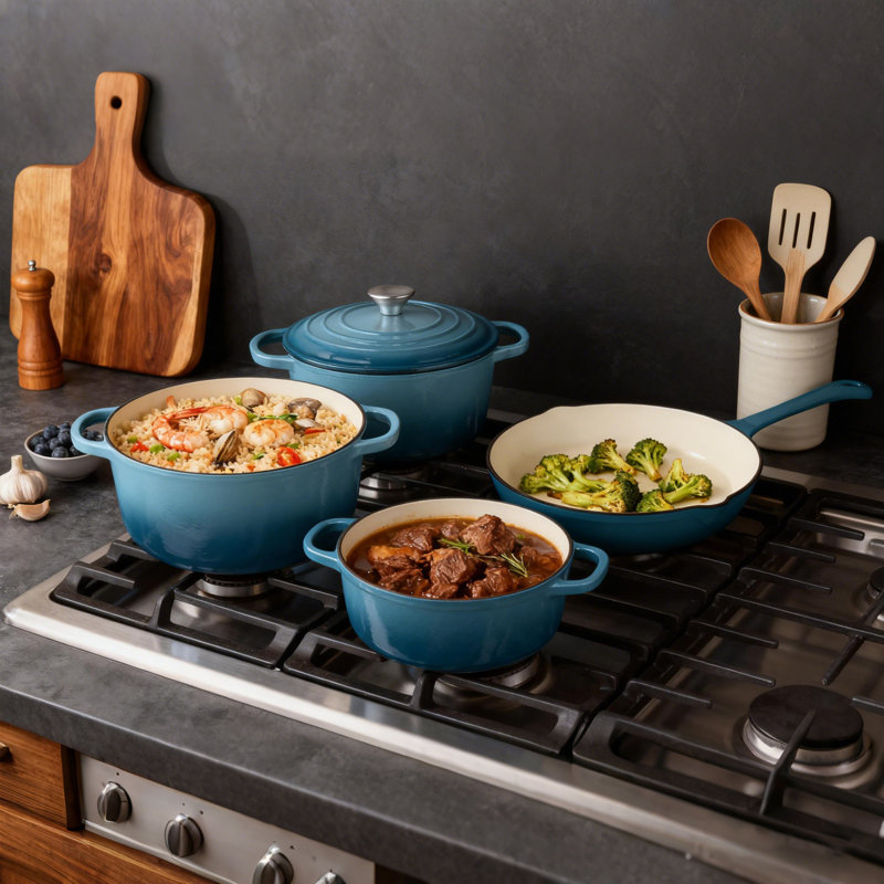 Batterie de cuisine en fonte émaillée 7 pièces 7 pièces, Bleu