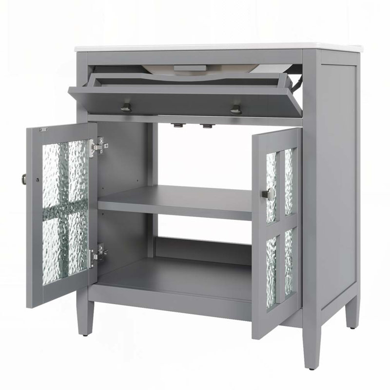 Meuble-lavabo de salle de bain avec lavabo en céramique, avec tablette réglable et plateau basculant, Gris