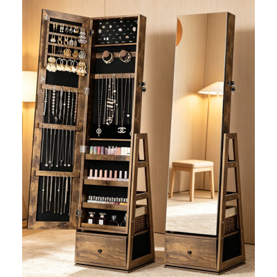 360° Swivel Jewelry Cabinet with Full Length Mirror, Rotating Standing Jewelry Armoire Organizer, Lockable Storage with 3 Rear Shelves and Bottom Drawer, Rustic Brown