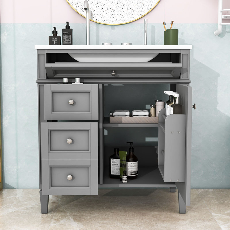 Sriyaan Bathroom Vanity with Ceramic Top, Bathroom Storage Cabinet with 2 Drawers and Tip-out Drawer, Gray, Silver