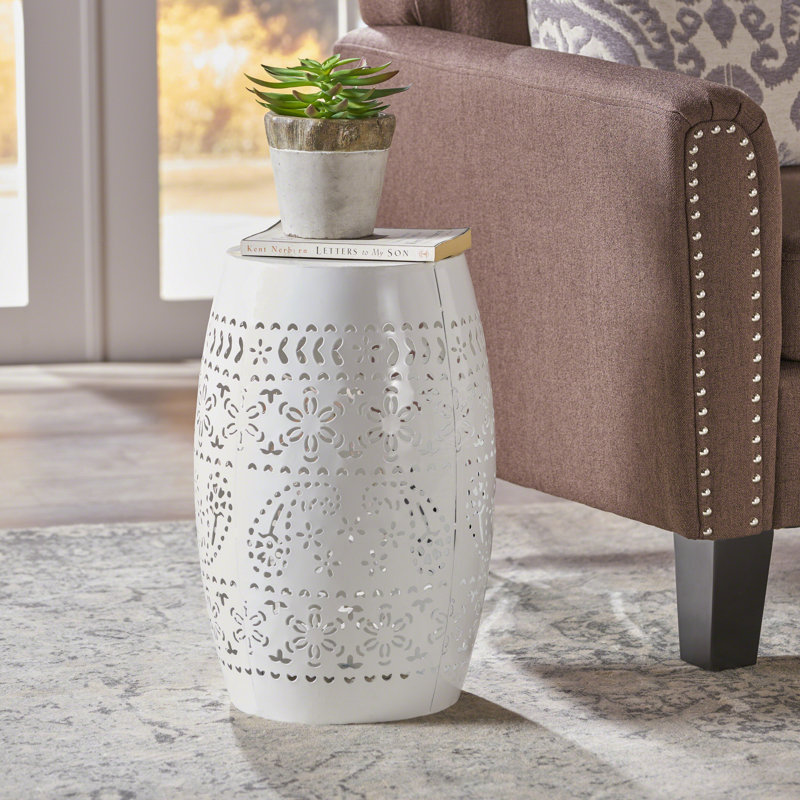 Side Table, Lace Cut Metal End Table for Outdoor & Indoor Use, Barrel Shape Accent Table with No Assembly Needed for Garden, Patio, Living Room, Backyard Decor