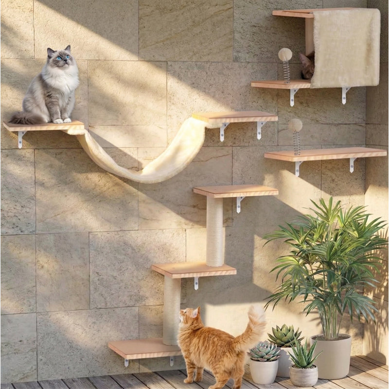 Étagères murales pour chat, meubles muraux en bois massif pour chat avec maison pour chat, lit, hamac, échelle de poteau à griffer en sisal, beige