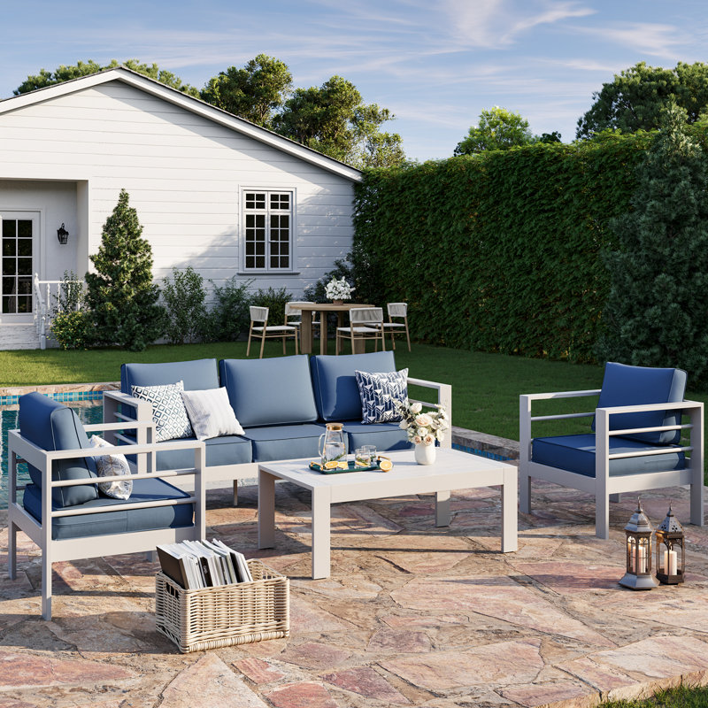 5 - Person Outdoor Seating Group With Cushions, Blue/White