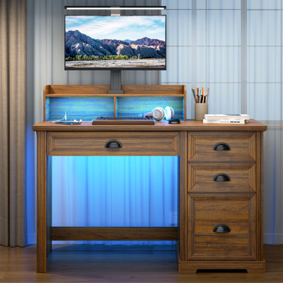 Home Office Desk With Drawers And Usb Ports, Rustic Writing Computer Table With Led Light by Gracie Oaks
