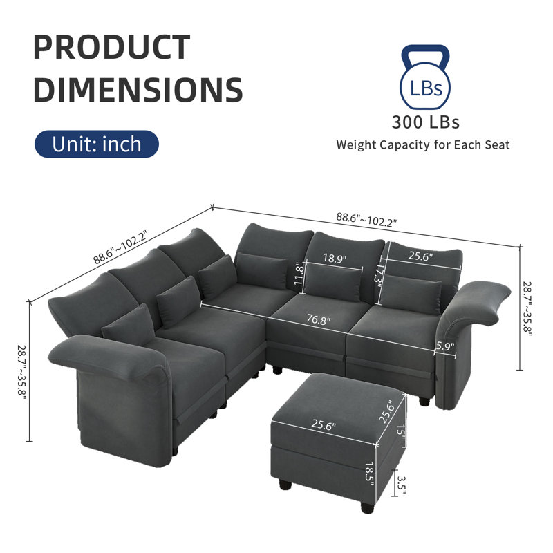 Canapé modulaire rembourré 6 pièces Ozawkie, Velours gris