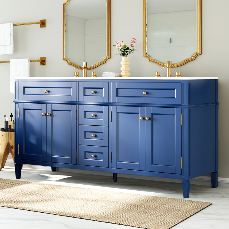 Meuble-lavabo double 60 po en bois massif avec plateau en acrylique, bleu marine, Marine
