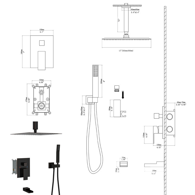 Système de douche en bronze huilé - Douche de baignoire à fixation au plafond de 12 pouces à 3 fonctions avec soupape de pluie et à main