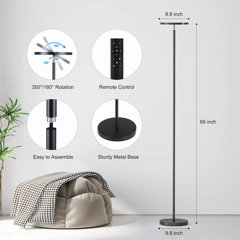 Johntay 69'' LED Dimmable Torchiere Corner Floor Lamp with Remote, Black