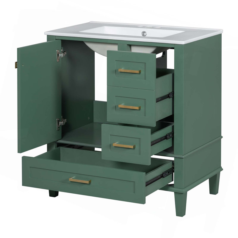 Meuble-lavabo contemporain avec lavabo, 1 porte à fermeture douce et 3 tiroirs, Vert