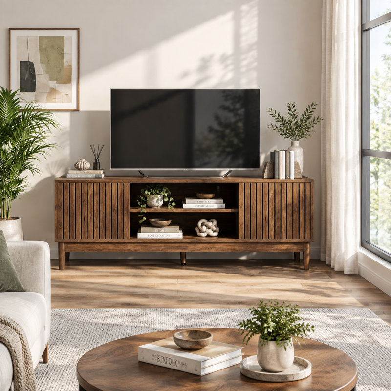 Meuble audio-vidéo moderne de 55 pouces avec rangement Mid-Century, idéal pour les salons et les chambres, Noyer