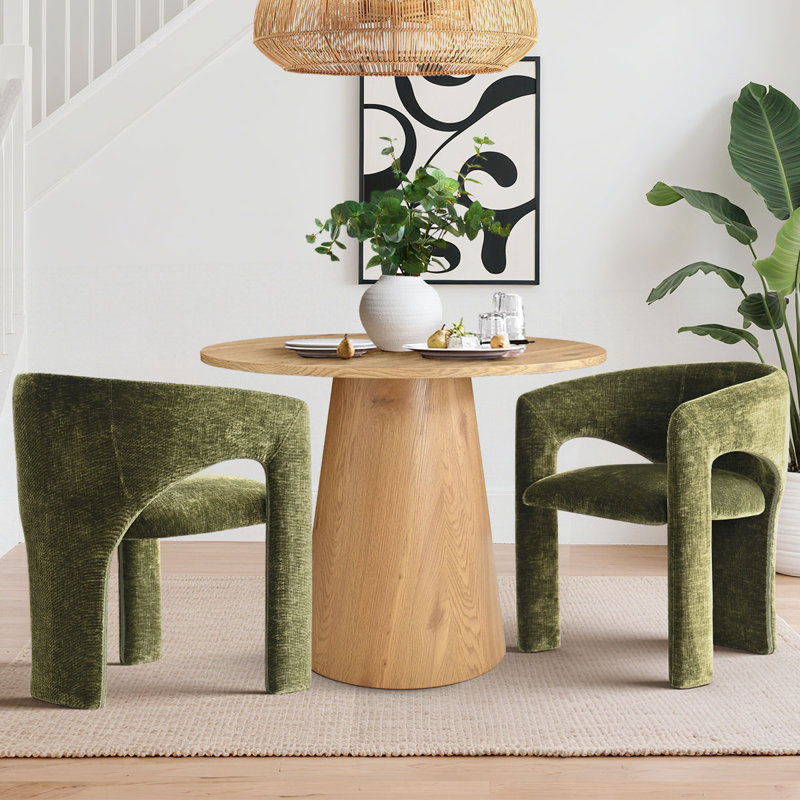 35" Round Pedestal Dining Set With Upholstered Chairs, Oak, Green