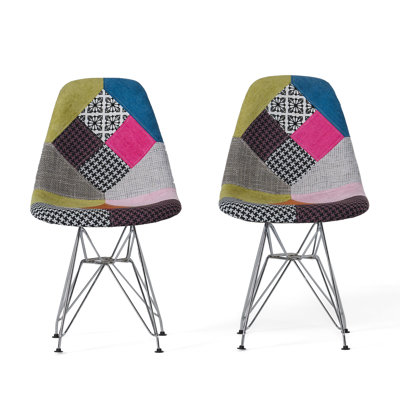 Patchwork Accent Chair Bohemian Style Fabric‎ Chair With Chromed Legs Geometric Pattern Chair, 18"D X 21"W X 32"H, Set Of 2