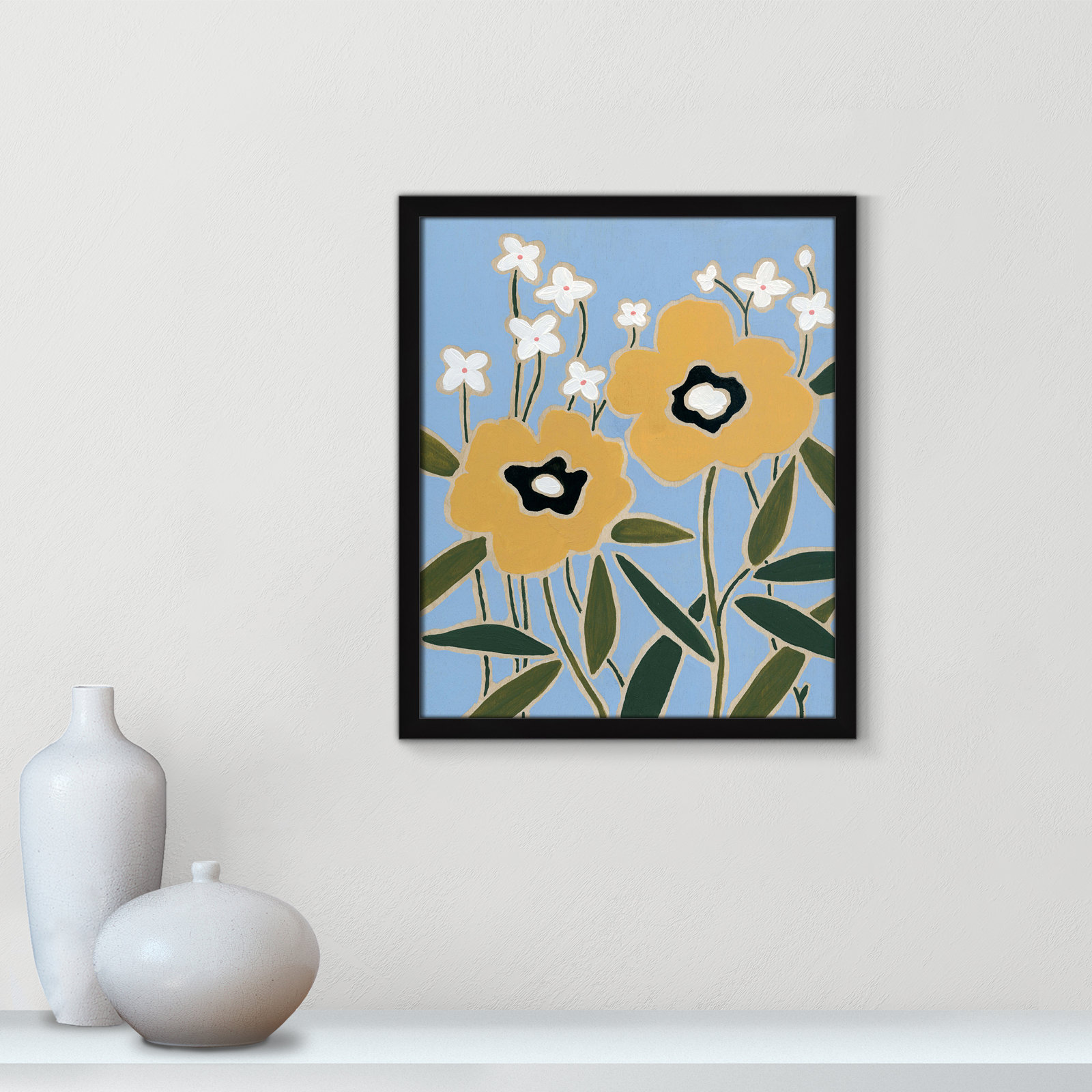 Woodblock Floral II by - Single Picture Frame Print, Satin Black Framed, 19" H x 16" W x 1.25" D