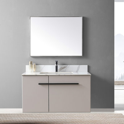 Dessus de meuble-lavabo de 37 pouces avec élément en pierre frittée dorée, lavabo rectangulaire en céramique et trou de robinet - option moderne à orifice tactile