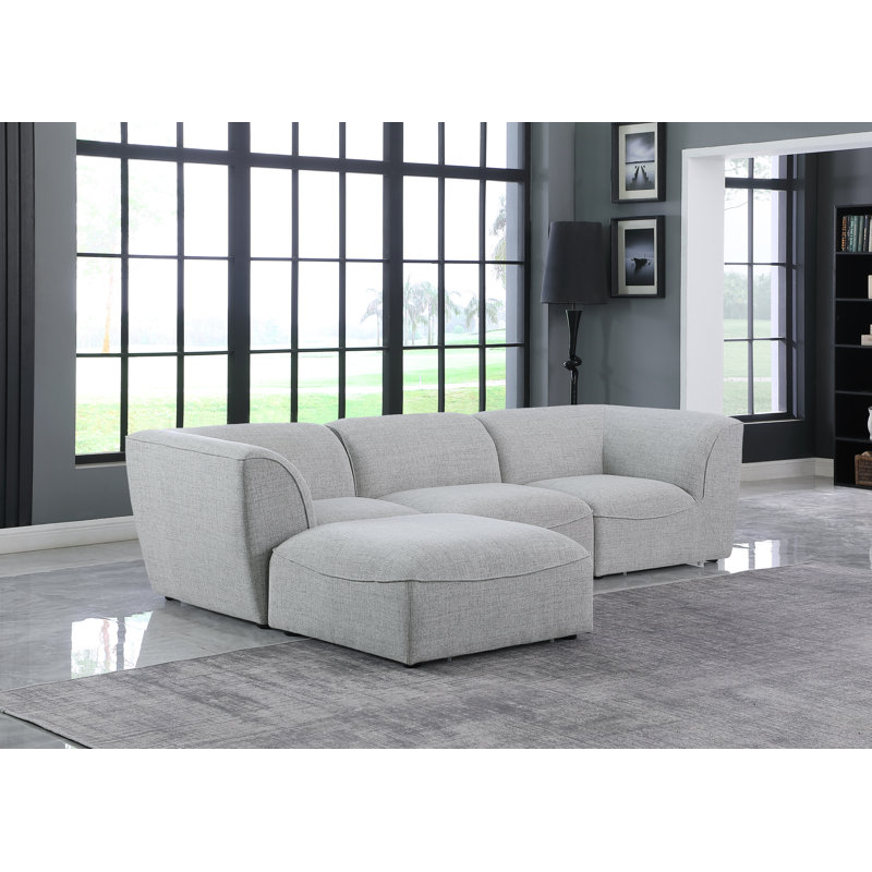 Camani Upholstered L-Shaped Sectional with Ottoman Reversible, Grey Linen Textured Fabric