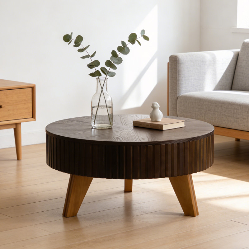 Table basse ronde avec espace de rangement, Brun / Naturel, H 15,7 po x L 31,5 po x L 31,5 po