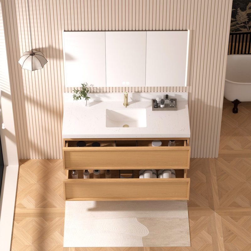 Ensemble de meuble-lavabo flottant 48 po avec plateau en marbre et lavabo simple encastré, texture rotin 48 po