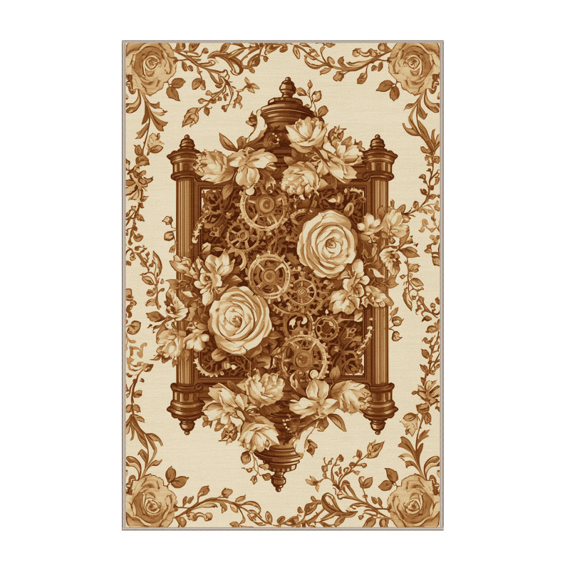 Machine Washable Zack Classic Floral Rug in Beige – Beige Binding, 2x5