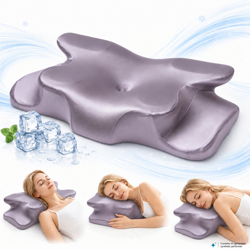  Oreiller en mousse à mémoire de forme en forme de papillon rafraîchissant en forme de papillon, hauteur réglable de 10 / 8cm pour les dormeurs latéraux, soutien non parfumé à haute densité 60D pour soulager les douleurs au cou, soie de glace