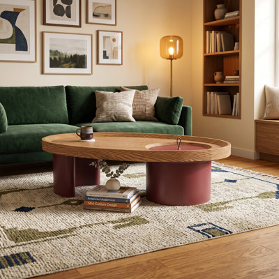 Table basse 45,3 "ovale en noyer avec pieds rouges et rangement caché