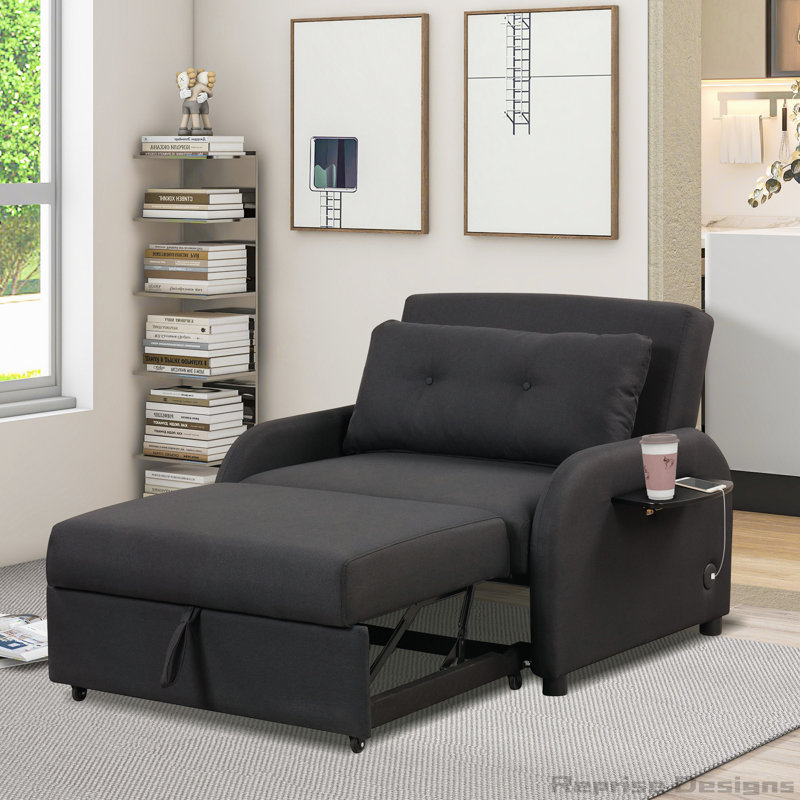 Canapé-lit escamotable 3 en 1 avec 2 tables à oreilles et charge USB pour le salon, Noir