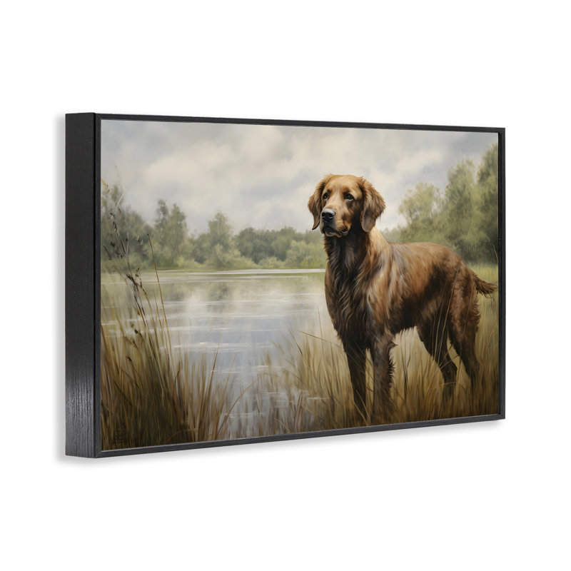 Retriever Dog & Pond, estampe numérique par Petal Prints Design, Giclée encadrée noir minuit, H 12 po x l 18 po