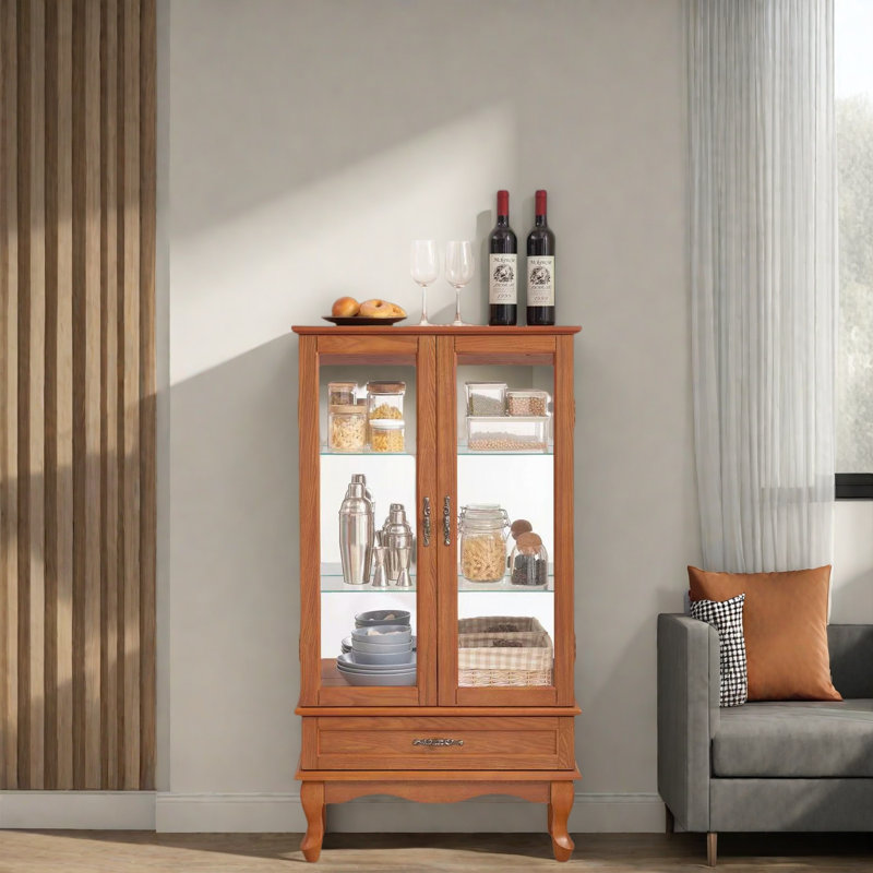 Vitrine lumineuse en verre avec 2 portes en verre, tablettes réglables en verre, 1 tiroir et lumière DEL, Chêne