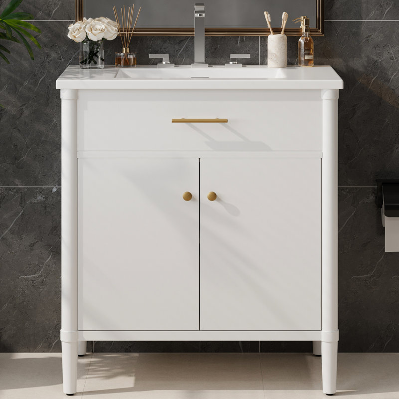 Meuble-lavabo blanc 31 po avec lavabo, charnières à fermeture en douceur, tablettes intérieures réglables, forme incurvée, pieds en bois d'hévéa, poignées dorées mates, élégant pour les salles de bain de style bord de mer en blanc, profil en céramique