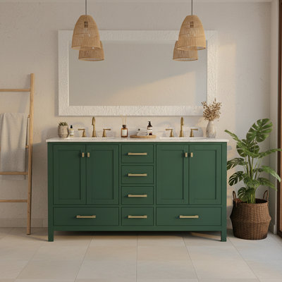 Meuble-lavabo 60 po, meuble-lavabo avec cadre en bois massif, comptoir autoportant avec 2 lavabos vert