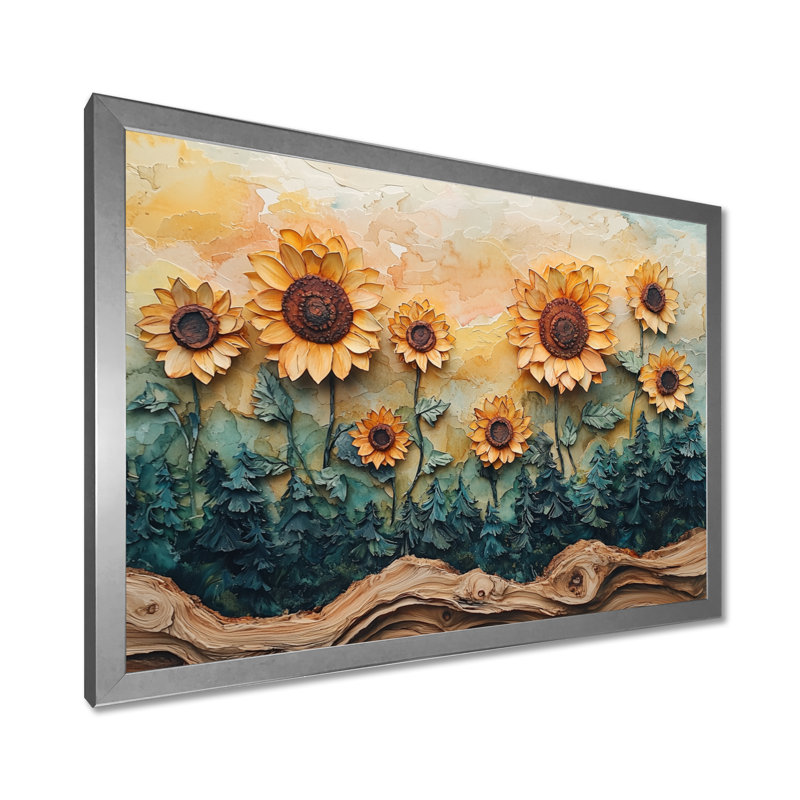 Dirinda tournesols fleurs sur un plateau en bois diapositive I - tournesols, art mural, Argent argent, H 34 po x l 44 po