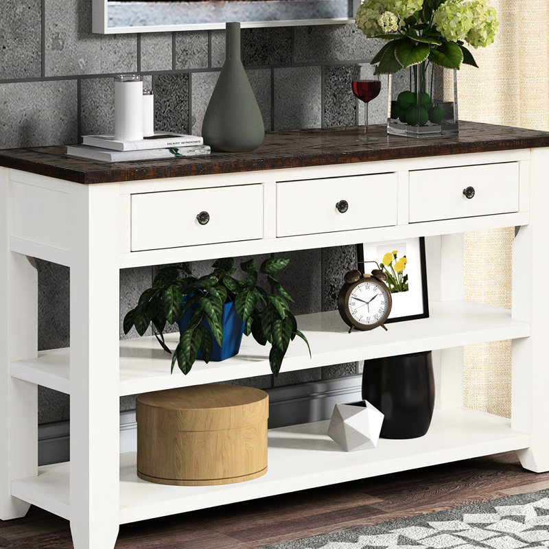 Table console de style vintage américain avec plateau en pin massif de 122 cm (48 po), 3 tiroirs de rangement latéraux, 2 étagères et agencement multifonctionnel. Montage facile. Parfait pour une chambre, un salon ou un couloir.