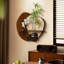 Tablette flottante murale irrégulière en grès avec lumière DEL, support de décoration murale avec vase en verre et plantes vertes artificielles pour le hall d'entrée-132055125-132055126