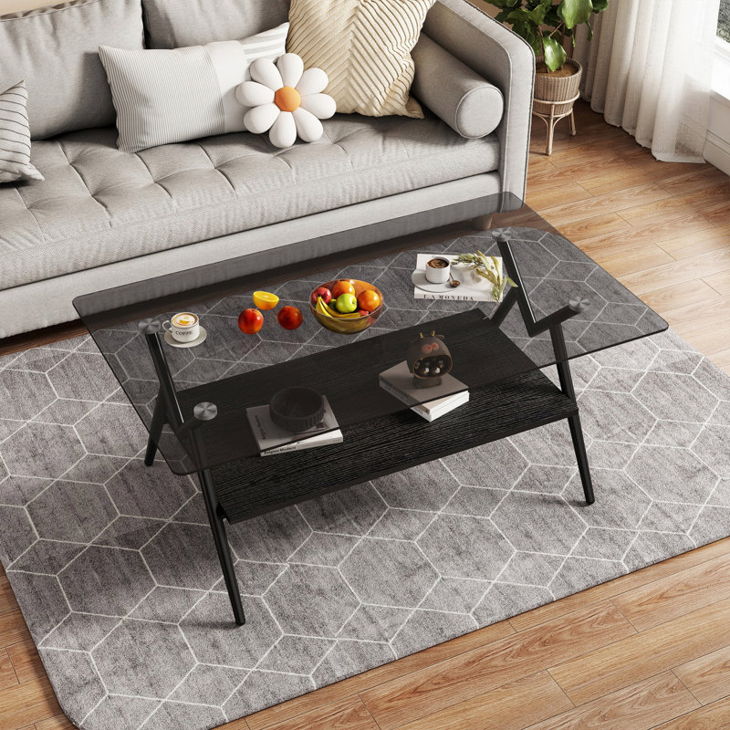 Table basse rectangulaire avec tablette, table de salon moderne, Transparent, Noir