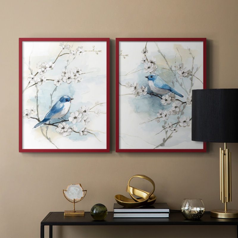«Blossoms and Bluebird I», reproduction encadrée de qualité supérieure - prête à être accrochée - aucun clou requis - aucun clou requis