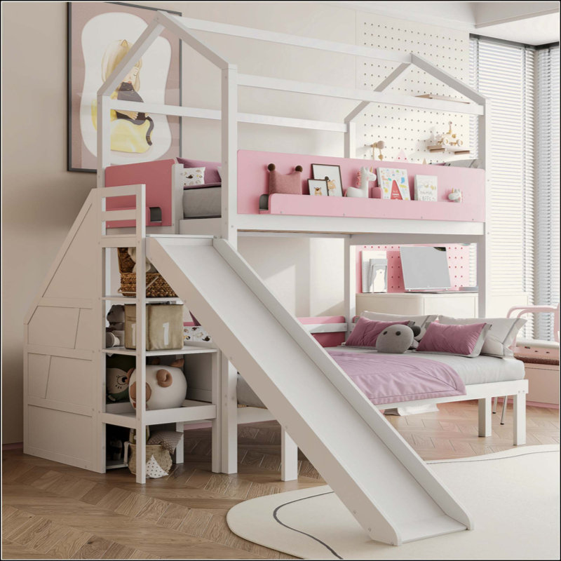 Lit superposé en bois en forme de maison avec glissade et escalier de rangement, cadre de lit pour enfants, White+Pink