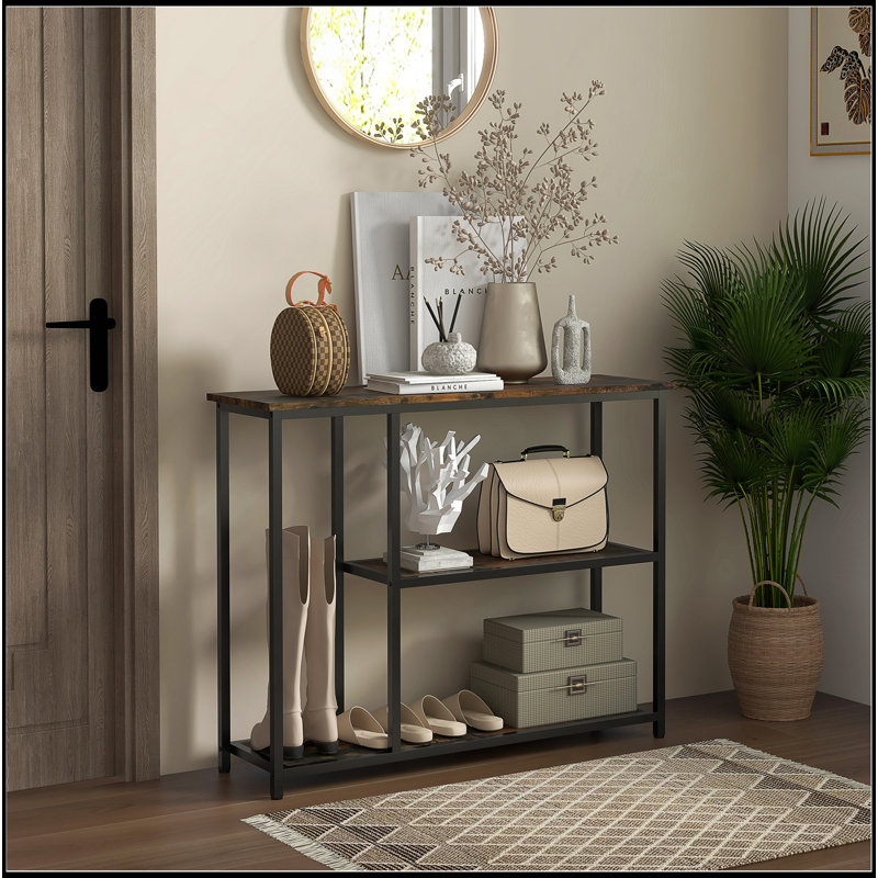 Console de 39 po, canapé moderne avec 2 tablettes de rangement, structure en acier, table d'entrée étroite pour le couloir, brun