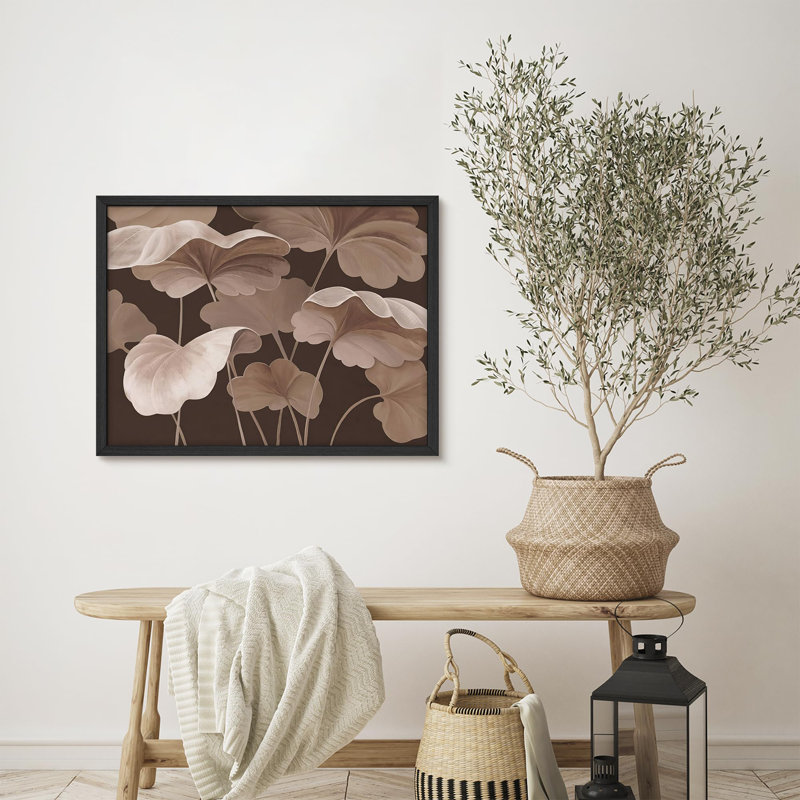 Affiche monochrome encadrée de feuilles de lotus dans des tons de brun minimalistes, H 11 po x l 14 po