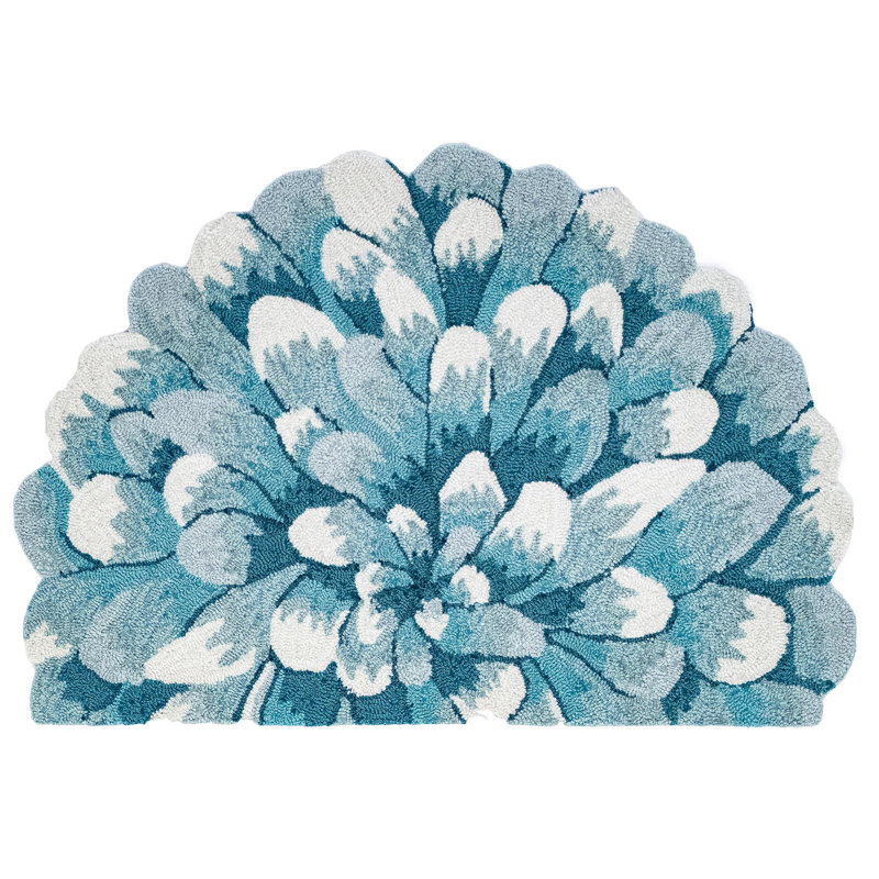 Aqua and White Tufted Synthetic Floral Half Circle Rug