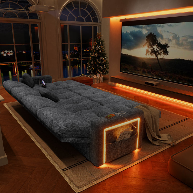 U-shaped Sleeper Sofa With Adjustable Backrest, Living Room Large Pull Out Sofa Bed With Charging Station And LED Lights, Chenille Gray