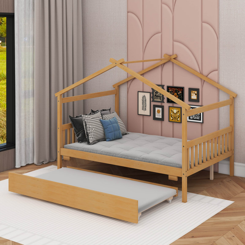 Lit en bois avec lit gigogne simple, Naturel, Lit double