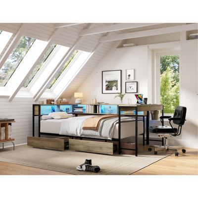 Structure de lit d'angle simple moderne avec bibliothèque, 2 tiroirs de rangement sous le lit, à DEL et station de charge, gris, solution pour chambre à coucher peu encombrante avec station pour adolescents