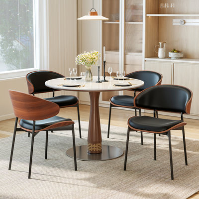 Set of 4 Mid-Century Dining Chairs, Faux Leather Upholstered with Walnut Back & Metal Legs