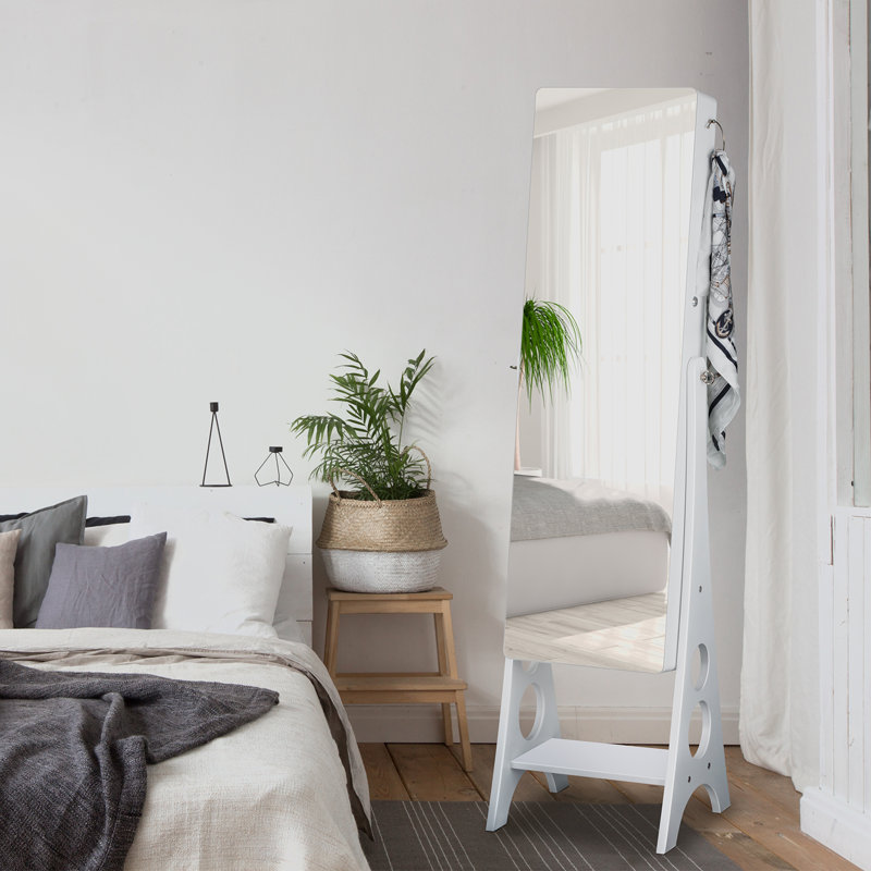 Armoire à bijoux à DEL avec grand rangement verrouillable et miroir autoportant sans cadre, Blanc