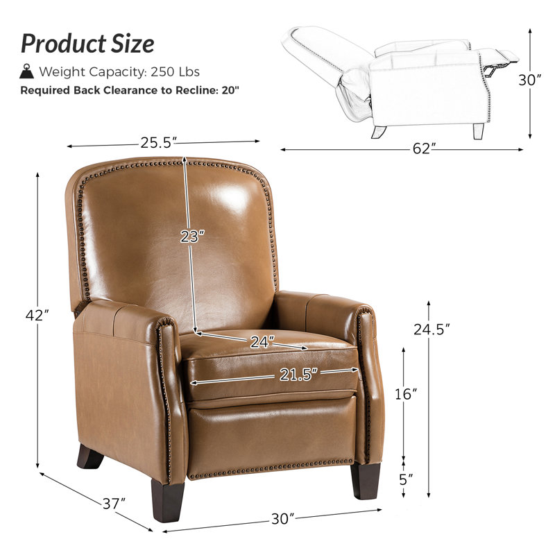 Fauteuil inclinable manuel en cuir véritable Glen Ellyn, Cuir fleur camel